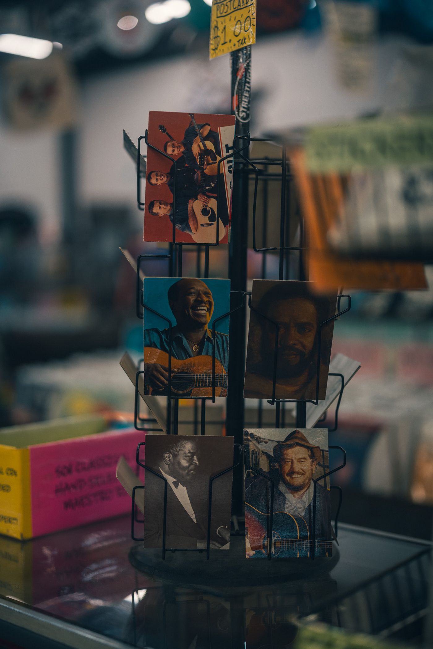 Faces on a spinning rack.