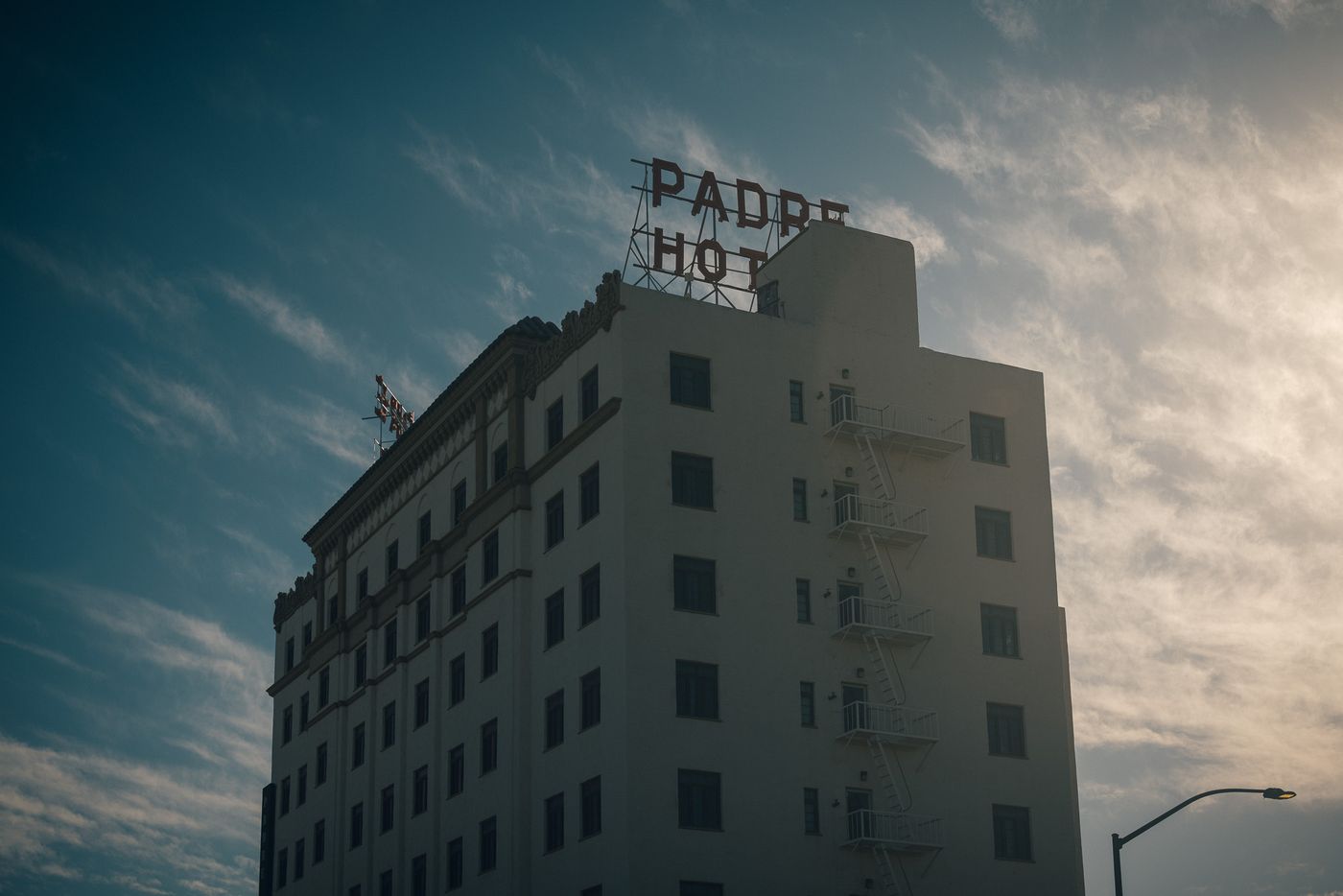 The old hotel, at dusk.